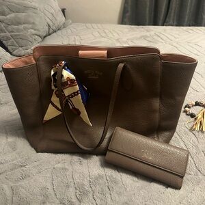 Brown Leather pink interer Tote Bag with Wallet